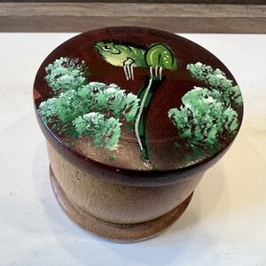 Trinket Dish Round Wooden Box With Lid‎ Green Iguana Trees And Costa Rica On Lid